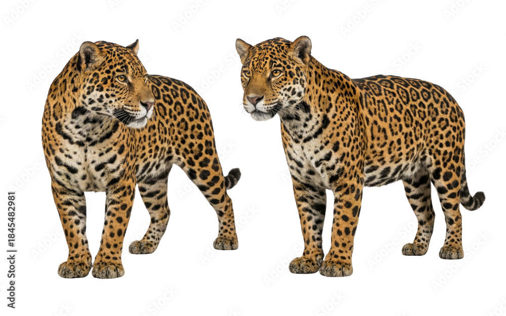 Obraz premium Two standing jaguars isolated on white background