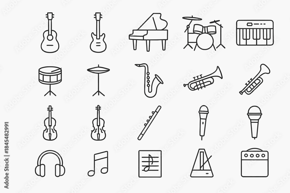 Fototapeta premium Vector line icons of musical instruments including guitar, piano, drums, and saxophone