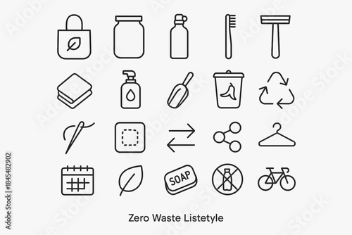 Zero waste icons: eco-friendly lifestyle and sustainable living symbols