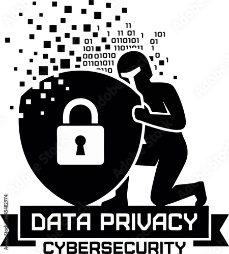 Data Privacy Protection Silhouette Vector. Person Holding Security Shield Against Digital Threats Isolated on White Background