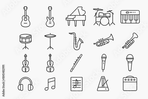 Vector line icons of musical instruments including guitar, piano, drums, and saxophone