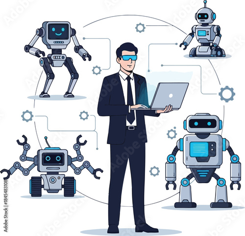 Man in suit controlling robots with laptop and virtual reality glasses