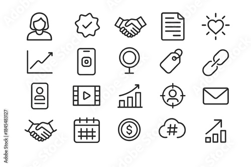 Collection of business and communication icons in line art style