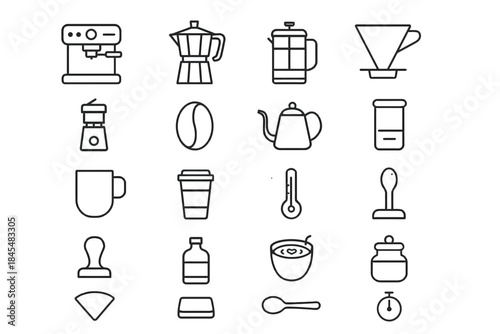 Coffee brewing equipment icons set: espresso machine, french press, grinder