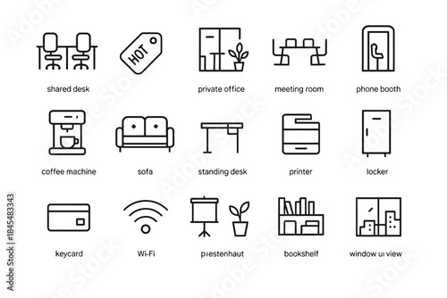 Office icons set: shared desk, private office, meeting room, coffee machine, wi-fi
