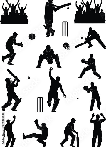 Cricket players in action silhouettes