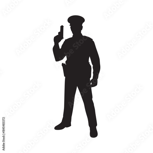 Silhouette of a police officer aiming a handgun demonstrating authority and security