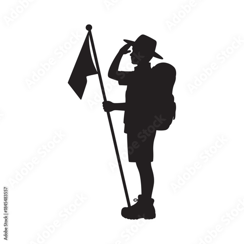 Silhouette of a hiker saluting with a flag a symbol of respect