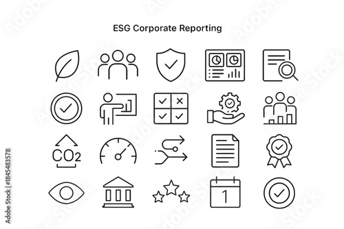 Esg corporate reporting icons: sustainability, governance, and performance metrics