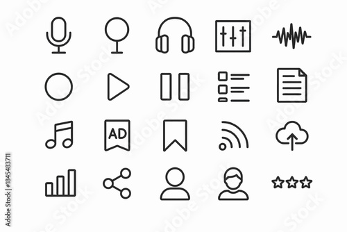 Audio and media interface icons including microphone headphones playlist