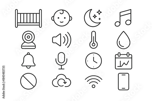 Set of baby and technology icons including moon, music note, webcam, and thermometer