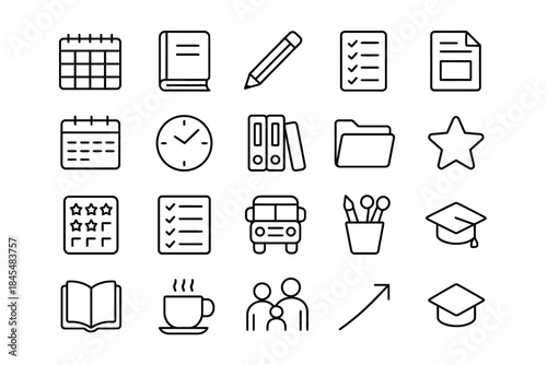 Collection of office and education icons including calendar, book, clock, and more