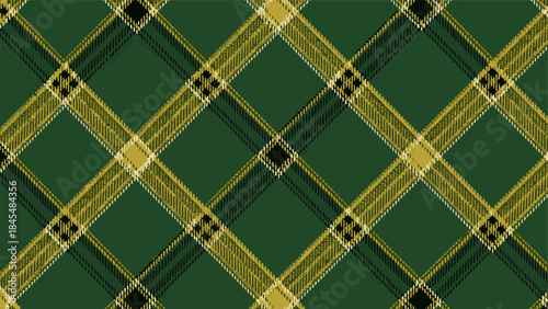Seamless diagonal plaid pattern in rich green and golden hues, an upscaled graphic element for diverse design projects.