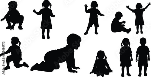 Playing, Crawling, and Sitting, Flat Vector Illustration, Child Development Icons