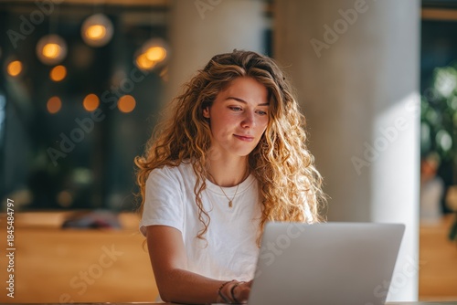 Young Woman Working On Laptop In Bright Coffee Shop, Focused And Calm, Casual White T‑Shirt, Curly Blonde Hair, Cozy Modern Workspace For Study Or Work