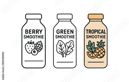 Flat vector illustration smoothie bottle labels berry green and tropical