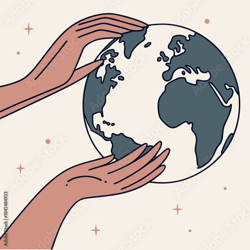 Hands cradling gray and white globe with black outline
