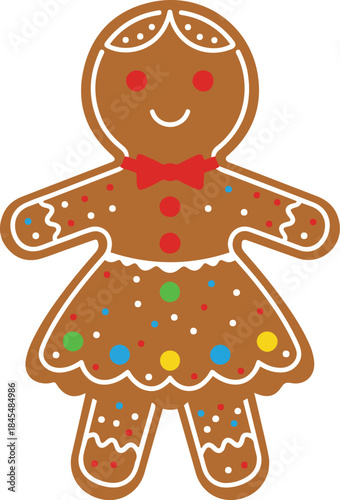 Vector illustration of a festive gingerbread girl cookie decorated with colorful sprinkles, a red bow, and white icing details.