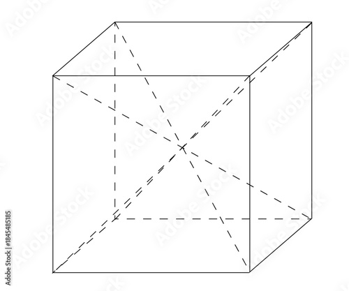 Cube Geometry Diagram with Diagonals and Hidden Lines – Isometric Wireframe Illustration