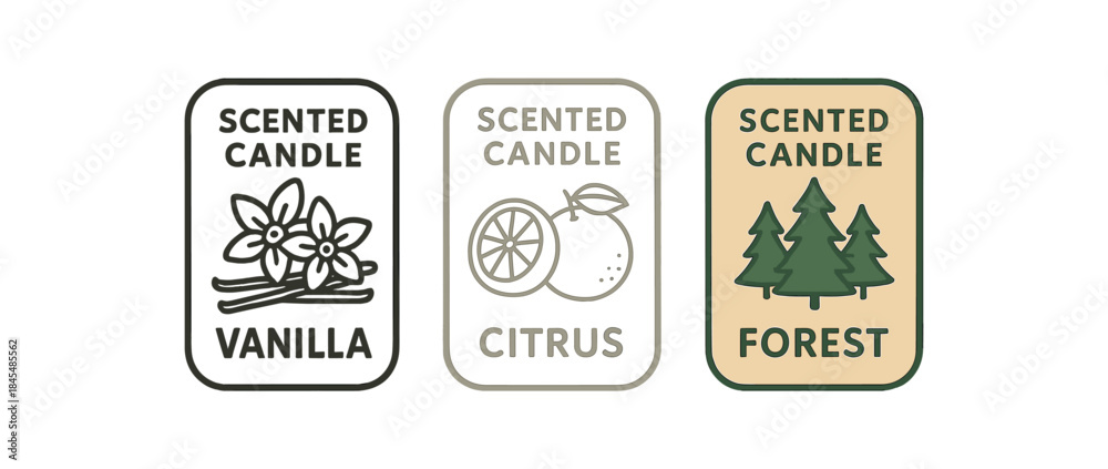 Obraz premium Flat vector illustration candle jar labels vanilla citrus and forest