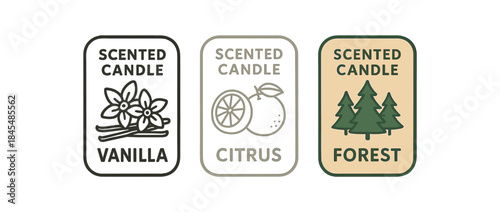 Flat vector illustration candle jar labels vanilla citrus and forest