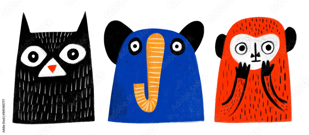 Fototapeta premium Expressive Cartoon Animals in Flat Illustration with Unique Features and Colors