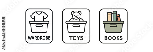 Flat vector illustration storage bin labels wardrobe toys and books