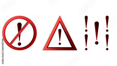 Warning Signs And Caution Symbols: Exclamation Alerts In Red Circles And Triangles. with exclamation marks, conveying caution, danger, and alert messages. Ideal for safety, warning, and instructional.