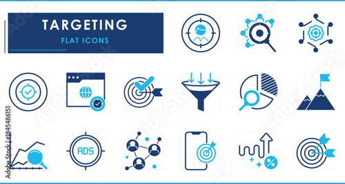 A set of flat icons related to Targeting. Target, goal, mindset, job, observation, graph, filter, crosshair, achievement, advertising, and so on.