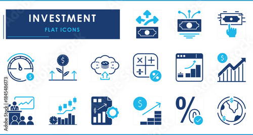 A set of flat icons related to Investment. Invest, grow, fund, graph, money, dollar, passive income, share, percentage, and so on.