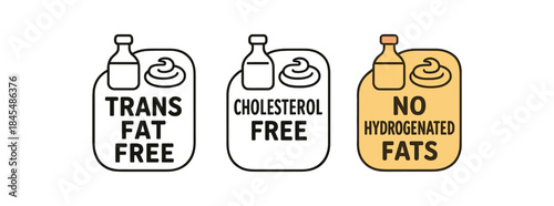 Flat vector illustration oil and spread labels with text trans fat free cholesterol free no hydrogenated fats
