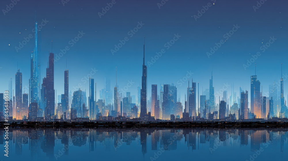 Obraz premium Futuristic Imaginary City Skyline Showing Buildings With a Blue Gradient and Reflection on Water Under a Starry Sky During Nighttime