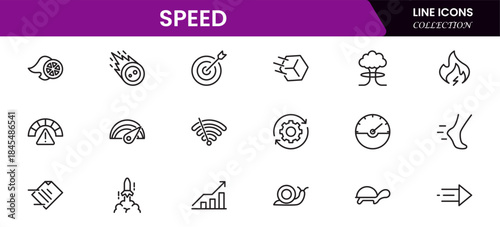 Speed and performance icon set. Containing fast, productivity, indicator, turbo, speeding and speedometer icons. Thin line icon collection. Vector illustration.