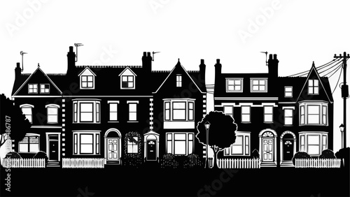 Row of Victorian Terraced Houses in Black and White Silhouette.