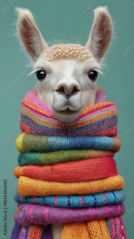 Fototapeta premium Llama wearing colorful scarves standing against a green background during daylight