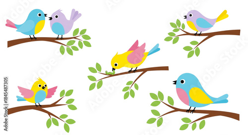 Whimsical Colorful Cartoon Birds Perching on Tree Branches Happy Spring Nature Illustration for Kids Education