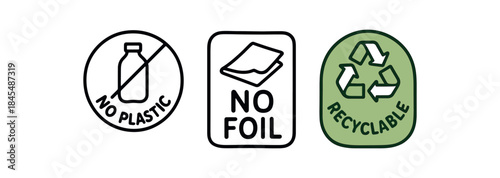 Flat vector illustration eco packaging labels with text no plastic no foil recyclable