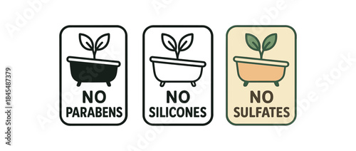 Flat vector illustration bathroom eco labels with text no parabens no silicones no sulfates