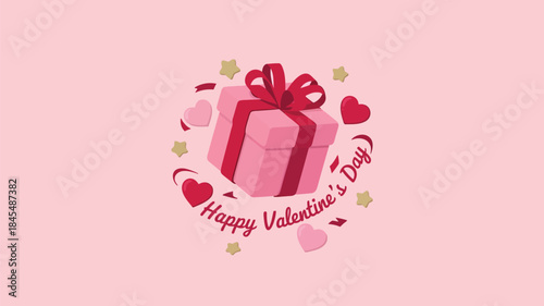 Floating gift box surrounded by hearts and stars on pastel pink background with happy valentine's day text