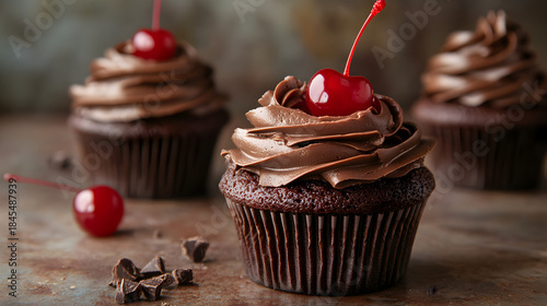 Rich chocolate cupcake topped with creamy frosting and a bright maraschino cherry sits ready for indulgence