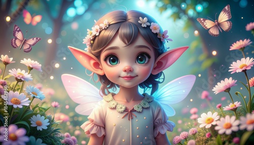 baby elf with tiny pointed ears, big sparkling eyes, soft pastel colors