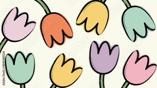 Eight pastel colored tulip flowers arranged randomly on a light background in a simple illustrative style