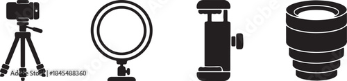 Photography and Videography Equipment Icons Set tripod, smartphone, ring light, phone