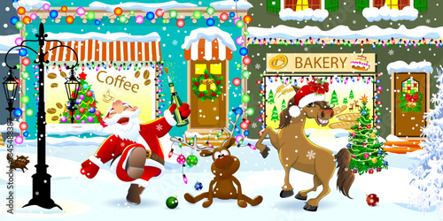 A cheerful Santa, horse, and reindeer on Christmas Eve