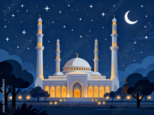 Vector illustration of a mosque at night