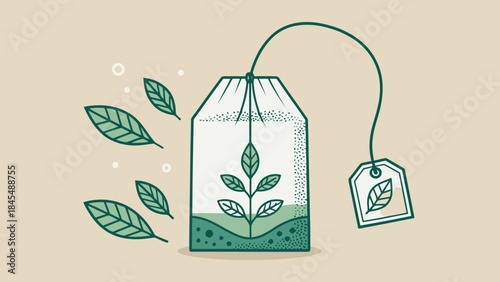 Herbal tea bag with plant growing inside and leaves