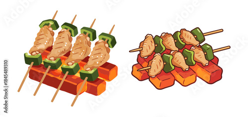 Chinese Barbecue Skewers Icon Set: Grilled Meat and Vegetable Kabobs on Hot Coals, Traditional Asian Street Food and BBQ Illustration.