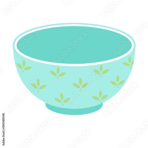 Empty Green Ceramic Bowl with Leaf Pattern: Simple Tableware Icon, Kitchen Utensil for Serving Food, Cereal, or Soup Illustration.