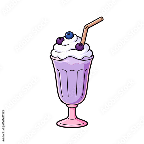 Purple Blueberry Milkshake Illustration: Sweet Dairy Drink in a Tall Glass with Whipped Cream and Berries, Dessert and Refreshment.