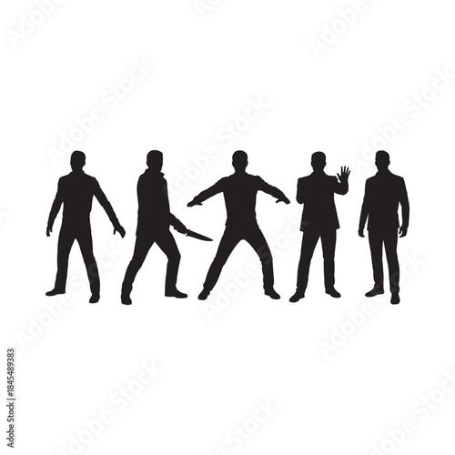 Silhouette depiction of five men in suits performing different poses